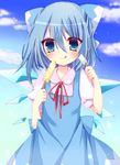  :q ai_1003 blue_dress blue_eyes blue_hair blue_sky blush bow cirno cloud day dress food hair_bow highres light_particles looking_at_viewer popsicle puffy_short_sleeves puffy_sleeves ribbon short_hair short_sleeves sky solo tongue tongue_out touhou wings 