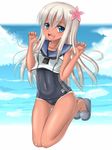  blue_eyes crop_top flower hair_flower hair_ornament hanazome_dotera kantai_collection long_hair one-piece_swimsuit ro-500_(kantai_collection) sailor_collar school_swimsuit silver_hair swimsuit swimsuit_under_clothes tan tanline 