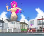  2girls blush breasts giantess large_breasts mgear moralgear multiple_girls pink_eyes pink_hair surprise surprised torn_clothes twintails 