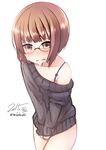  bad_id bad_pixiv_id blush brown_eyes brown_hair crying crying_with_eyes_open embarrassed glasses highres kantai_collection nekobaka off_shoulder ribbed_sweater short_hair solo sweater tears z3_max_schultz_(kantai_collection) 