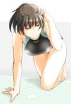  all_fours amagami barefoot black_eyes black_hair blush breasts competition_swimsuit hand_to_head highres large_breasts long_hair looking_to_the_side one-piece_swimsuit ponytail pool sasaki_akira_(ugc) smile solo swimsuit tsukahara_hibiki water 