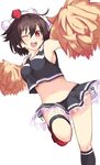  adapted_costume alternate_costume black_hair blush cheerleader geta gin_(shioyude) hat heart heart-shaped_pupils jpeg_artifacts looking_at_viewer midriff navel one_eye_closed open_mouth pointy_ears pom_pom_(clothes) pom_poms red_eyes shameimaru_aya shirt simple_background skirt skirt_set sleeveless smile solo string symbol-shaped_pupils tengu-geta tokin_hat touhou white_background 