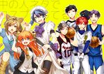  4boys abe_takaya abe_takaya_(cosplay) ace_of_diamond animal_ears background_text baseball_bat baseball_mitt baseball_uniform basketball basketball_uniform black_hair black_legwear blonde_hair blue_eyes blue_hair bow brown_eyes brown_hair cat_ears cosplay di_gi_charat dress fake_animal_ears gekkan_shoujo_nozaki-kun green_eyes hair_bow hat higurashi_no_naku_koro_ni hori_masayuki kagami_taiga kagami_taiga_(cosplay) kantai_collection kashima_yuu kimura_ryouhei kise_ryouta kise_ryouta_(cosplay) kominato_ryousuke kominato_ryousuke_(cosplay) kuroko_no_basuke mikoshiba_mikoto multiple_boys multiple_girls nakahara_mai nakamura_yuuichi nowaki_(kantai_collection) nowaki_(kantai_collection)_(cosplay) nozaki_umetarou okamoto_nobuhiko ono_yuuki ookiku_furikabutte open_mouth orange_hair outline ozawa_ari polka_dot polka_dot_bow puchiko puchiko_(cosplay) purple_eyes purple_hair red_eyes red_hair ryuuguu_rena ryuuguu_rena_(cosplay) sakura_chiyo sawashiro_miyuki seiyuu_connection seo_yuzuki simple_background smile sportswear takumi_(scya) thighhighs translation_request wakamatsu_hirotaka white_outline yellow_background yellow_eyes 