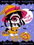  2014 bare_shoulders bat black_hair breasts candy chibi cleavage copyright_name cyclops dated earrings food full_body full_moon gloves halloween hat heart heart-shaped_pupils hitomi_sensei_no_hokenshitsu jack-o'-lantern jewelry large_breasts licking_lips long_hair manaka_hitomi moon one-eyed red_eyes shake-o solo star symbol-shaped_pupils tongue tongue_out trick_or_treat twitter_username witch_hat 