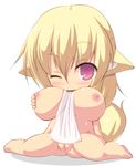  anatomical_nonsense animal_ears bad_anatomy blonde_hair blush breasts chibi cleft_of_venus commentary_request full_body huge_breasts kourourin looking_at_viewer nipples nude one_eye_closed original purple_eyes pussy smile solo tail towel uncensored 