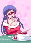  bare_shoulders blue_hair breasts cake cleavage cream cream_on_face cyclops earrings food food_on_face fork half-closed_eyes hitomi_sensei_no_hokenshitsu huge_breasts jewelry licking_hand long_hair manaka_hitomi merry_christmas one-eyed red_eyes shake-o solo twitter_username 