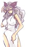  1girl aihara_shouko breasts dress gakuen_saimin_reido genderswap large_breasts photoshop purple_eyes ribbon silver_hair sugiura_kokuro 