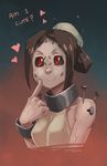  black_sclera breasts brown_hair bun_cover english folded_ponytail highres hospital_gown nail no_mask painwheel_(skullgirls) pointing pointing_at_self red_eyes skullgirls small_breasts smile solo stitches upper_body veins whistle_frog 