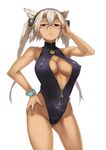 armpits blonde_hair breasts center_opening covered_nipples dark_skin front_zipper_swimsuit glasses jack_hamster kantai_collection large_breasts long_hair meme_attire musashi_(kantai_collection) one-piece_swimsuit pointy_hair red_eyes simple_background solo swimsuit thighs translated two_side_up unzipped white_background 