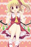  :d ascot blonde_hair blush bobby_socks flandre_scarlet happy jumping kinagi_yuu legs looking_at_viewer mary_janes open_mouth red_eyes shoes side_ponytail smile socks solo touhou wings 