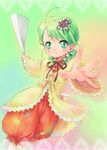  :3 ahoge blush drill_hair fan frills green_hair hair_ornament kanaria outstretched_arm outstretched_hand pants pokomi rozen_maiden short_hair smile solo twin_drills 