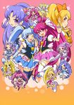  ;) ;d aida_mana aino_megumi blonde_hair blue_bow blue_eyes blue_hair blue_legwear blue_skirt boots bow candy_(smile_precure!) chibi choker crown cure_beat cure_diamond cure_fortune cure_happy cure_heart cure_honey cure_lovely cure_melody cure_princess cure_rhythm cure_sword dokidoki!_precure gradient gradient_background green_eyes happinesscharge_precure! hikawa_iona hishikawa_rikka holding_hands hoshizora_miyuki houjou_hibiki katsuma_rei kenzaki_makoto kurokawa_eren long_hair looking_at_viewer magical_girl minamino_kanade multiple_girls one_eye_closed oomori_yuuko open_mouth orange_background pink_background pink_bow pink_choker pink_eyes pink_footwear pink_hair pink_skirt pink_sleeves ponytail precure purple_eyes purple_hair royal_candy seiren_(suite_precure) shirayuki_hime side_ponytail skirt smile smile_precure! suite_precure thighhighs tiara twintails white_choker white_legwear wide_ponytail yellow_eyes 