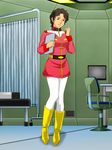  1girl belt black_eyes black_hair bonjin-do boots breasts chair character_request feet gundam highres legs looking_at_viewer masaki_(mobile_suit_gundam) mobile_suit_gundam monitor short_hair small_breasts smile solo standing suit table thighs uniform 