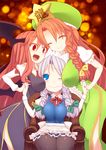  blue_eyes bow braid breast_press breasts demon_wings hair_bow hands_together hat head_wings hong_meiling izayoi_sakuya koakuma kuresento large_breasts multiple_girls pantyhose red_eyes red_hair silver_hair touhou twin_braids wavy_mouth wings 