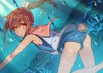  1girl :o ass brown_hair coral diving i-401_(kantai_collection) kantai_collection kureaki_(exit) light_rays looking_at_viewer looking_back motyo1964 parted_lips ponytail sailor_collar school_swimsuit solo sunlight swimsuit swimsuit_under_clothes tan underwater water 