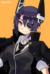 bad_id bad_pixiv_id breasts eyepatch gomashi_(goma) headgear kantai_collection large_breasts looking_at_viewer open_mouth orange_background purple_hair school_uniform short_hair simple_background smile solo tenryuu_(kantai_collection) yellow_eyes 