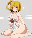  apron bad_id bad_pixiv_id barefoot blonde_hair blush breasts hinata_0287 kagerou_project kisaragi_momo long_hair medium_breasts naked_apron red_eyes scrunchie side_ponytail solo sweat wavy_mouth 