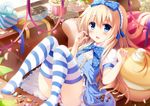  blonde_hair blue_dress blue_eyes blush bow cake chair cookie dress food hair_bow heart knees_up long_hair noe_noel open_mouth original panties pantyshot pantyshot_(sitting) pink_panties polka_dot polka_dot_bow puffy_short_sleeves puffy_sleeves ribbon shirt short_sleeves sitting smile solo striped striped_legwear thighhighs underwear very_long_hair 