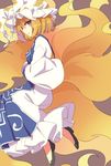  animal_ears blonde_hair busujima_(kusahana) downscaled dress fox_ears fox_tail full_body hands_in_opposite_sleeves hat highres jitome long_sleeves looking_at_viewer md5_mismatch mob_cap multiple_tails profile resized shoes short_hair simple_background smile solo tabard tail touhou white_dress wide_sleeves yakumo_ran yellow_eyes 
