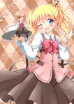  alice_cartelet blonde_hair blue_eyes blush brown_hair company_connection cosplay crossover gochuumon_wa_usagi_desu_ka? highres hoto_cocoa kin-iro_mosaic looking_at_viewer manga_time_kirara minigirl multiple_girls one_eye_closed purple_eyes rabbit_house_uniform smile title_parody tray twintails waitress zenon_(for_achieve) 