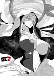  aragami breasts center_opening cloak collarbone copyright_name god_eater god_eater_2:_rage_burst greyscale halo hood huge_breasts looking_at_viewer looking_down monochrome monster_girl navel nyx_alpha open_clothes parted_lips shaded_face solo watanuki_kaname 
