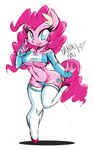  2015 anthro anthrofied blue_eyes blush breasts cleavage clothed clothing danmakuman equine female friendship_is_magic hair horse looking_at_viewer mammal my_little_pony navel panties pink_hair pinkie_pie_(mlp) plain_background pony socks solo thong under_boob underwear white_background 