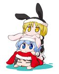  alternate_headwear animal_ears animal_hat blonde_hair blue_eyes blue_hair blush_stickers brown_hair bunny_ears byourou chibi closed_eyes fake_animal_ears hat long_sleeves lunasa_prismriver lying lyrica_prismriver merlin_prismriver multiple_girls on_person on_stomach open_mouth shirt short_hair siblings simple_background sisters skirt skirt_set smile touhou vest white_background yellow_eyes 