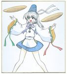  :d bare_legs grey_eyes hat long_hair looking_at_viewer meguru_(mm-da) miniskirt mononobe_no_futo open_mouth plate plate_spinning pom_pom_(clothes) ponytail shikishi silver_hair skirt smile solo tate_eboshi touhou traditional_media wide_sleeves 