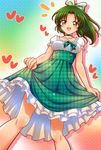  :d blush bow choker dress green_eyes green_hair hair_bow heart highres kuga_yoshito looking_at_viewer midorikawa_nao open_mouth plaid plaid_dress ponytail precure short_hair smile smile_precure! solo 