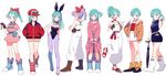  :d animal_ears bare_shoulders black_dress blue_eyes blue_hair boots bracelet braid breasts brown_gloves bulma bunny_ears bunnysuit cleavage closed_umbrella cross-laced_footwear dragon_ball dragon_ball_(classic) dragon_ball_z dress earrings fake_animal_ears gloves grey_legwear gum_(gmng) hair_ribbon hand_on_hip hands_in_pockets hat high_ponytail jacket jewelry lace-up_boots leg_up long_hair medium_breasts multiple_persona name_tag open_mouth pantyhose planted_umbrella ponytail purple_hair ribbon short_hair shorts simple_background single_braid single_glove sleeveless sleeveless_dress smile star umbrella walking white_background 