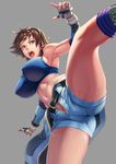  armpits breasts brown_eyes brown_hair clothes_around_waist covered_nipples elbow_gloves fingerless_gloves from_below gloves high_kick highres impossible_clothes jumpsuit kazama_asuka kicking large_breasts lips midriff navel open_fly open_mouth short_hair short_jumpsuit shorts socks solo sports_bra sweat taut_clothes tekken toned unzipped zero_(dickzanzero2) 