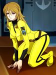  1girl belt black_eyes blonde_hair bodysuit bonjin-do breasts erect_nipples female highres kneeling large_breasts legs long_hair looking_at_viewer mori_yuki solo thighs uchuu_senkan_yamato uchuu_senkan_yamato_2199 uniform 