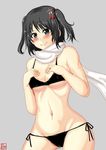  bangs bare_shoulders bikini black_eyes black_hair breasts dated drie grey_background groin hair_ornament jewelry kantai_collection medium_breasts navel remodel_(kantai_collection) ring scarf sendai_(kantai_collection) short_hair side-tie_bikini signature smile solo swimsuit two_side_up underboob wedding_band white_scarf 