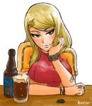  adapted_costume akairiot alcohol bandaid bandaid_on_arm bangs beer blonde_hair blue_eyes blush bottle bracelet breasts casual chin_rest eyeliner hair_ornament hairclip jewelry large_breasts light_smile lips long_hair makeup metroid mole mole_under_mouth ring samus_aran shirt smile solo swept_bangs t-shirt taut_clothes varia_suit watch wristwatch 