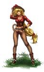  applejack apples blonde_hair breasts cowboy_hat female full_body green_eyes hat large_breasts long_hair looking_at_viewer low-tied_long_hair my_little_pony_friendship_is_magic navel personification smile solo standing zhen_long 