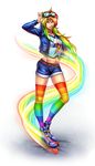  breasts female full_body goggles grin inline_skates jacket long_hair looking_at_viewer multicolored_hair my_little_pony_friendship_is_magic navel personification rainbow_dash rainbow_hair roller_skates shorts skates smile smirk solo standing striped_legwear thighhighs zhen_long 