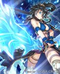  black_hair blue_eyes blue_gloves breasts copyright_name fingerless_gloves gloves hair_ornament holding holding_sword holding_weapon keible large_breasts long_hair ponytail ragna_cross sideboob solo sword watermark weapon 