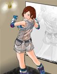  bad_id bad_pixiv_id blue_eyes brown_hair elbow_pads greaves highres kazama_asuka mirror mirror_image n.y.dau see-through short_hair sleeveless socks solo sports_bra sweatdrop unitard 