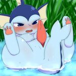  2015 3_toes animal_genitalia barefoot blue_eyes blue_nose blush canine cum cum_drip dripping eeveelution erection feral fur grass half-closed_eyes lying male mammal mizell nintendo nude open_mouth outside penis pok&eacute;mon solo spread_legs spreading toes vaporeon video_games water wet 