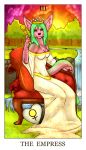  &lt;3 akita anthro blue_eyes breasts canine card chair cleavage clothed clothing cloud crown dog dress female feralise fur genet green_hair hair hybrid major_arcana mammal outside pillow pink_fur river royalty scepter sky solo star sun sunset tarot_card the_empress_(tarot) throne tree viverrid viyane waterfall ♀ 