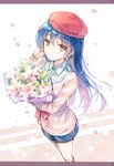  blue_hair bouquet flower hat highres hiten_(hitenkei) letterboxed long_hair love_live! love_live!_school_idol_project petals smile solo sonoda_umi yellow_eyes 