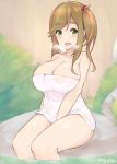  1girl 2018 absurdres bangs bare_shoulders bath between_legs blush breasts breath brown_hair bush cleavage collarbone dated erect_nipples eyebrows_visible_through_hair fang green_eyes hair_bobbles hair_ornament hand_between_legs highres inuyama_aoi kuavera large_breasts long_hair looking_at_viewer naked_towel onsen open_mouth outdoors paid_reward partially_submerged patreon_reward shiny shiny_skin side_ponytail sidelocks sitting skindentation smile solo steam sweat swept_bangs thick_eyebrows thighs towel wading water wet wet_towel white_towel yurucamp 