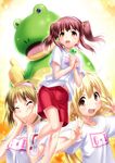  :d animal_costume brown_eyes brown_hair candy_island clover double_v four-leaf_clover frog_costume futaba_anzu gym_shorts gym_uniform hands_on_own_cheeks hands_on_own_face headband highres idolmaster idolmaster_cinderella_girls long_hair mascot mimura_kanako multiple_girls ogata_chieri open_mouth producer_(idolmaster_cinderella_girls_anime) shoes shorts smile sneakers socks thumbs_up twintails v white_legwear zen 