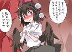  bad_id bad_pixiv_id black_hair black_wings blush breasts check_translation commentary fingers_together full-face_blush hammer_(sunset_beach) hat large_breasts looking_at_viewer nervous_smile nose_blush open_mouth red_eyes shameimaru_aya short_hair short_sleeves skirt smile solo tokin_hat touhou translated translation_request wings 