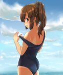  ass brown_eyes brown_hair i-401_(kantai_collection) kanabun kantai_collection one-piece_swimsuit open_mouth ponytail school_swimsuit short_hair short_ponytail solo swimsuit swimsuit_pull tan tanline 