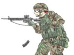  aiming assault_rifle blue_eyes camouflage didloaded gloves goggles gun hat helmet load_bearing_vest magazine_(weapon) male_focus military military_hat military_operator military_uniform original red_hair reloading rifle solo trigger_discipline uniform weapon 