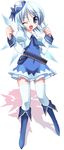 ;d alternate_costume bandolier belt blue_dress blue_eyes blue_hair boots cirno clenched_hands dress full_body hat ice ice_wings juliet_sleeves long_sleeves looking_at_viewer lumine_(2339) military military_uniform necktie one_eye_closed open_mouth puffy_sleeves short_hair simple_background smile solo thighhighs touhou uniform white_background white_legwear wings zettai_ryouiki 