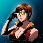  barbed_wire bare_shoulders black_gloves breasts brown_eyes brown_hair caffein cleavage commentary earrings gloves jewelry large_breasts lens_flare looking_at_viewer meiko popped_collar short_hair solo upper_body vocaloid 