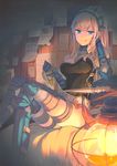  :q armor bed belt blonde_hair blue_eyes breasts chin_rest crossed_legs gauntlets greaves headgear jewelry lantern licking_lips long_hair medium_breasts naughty_face necklace on_bed original paper pendant ponytail reia sitting sitting_on_bed solo thigh_strap tongue tongue_out 