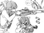  aiming bow didloaded firing gloves greyscale gun hair_bow hair_tubes hakurei_reimu load_bearing_vest military_operator monochrome reloading scope short_hair shotgun shotgun_shells sleeveless touhou weapon 